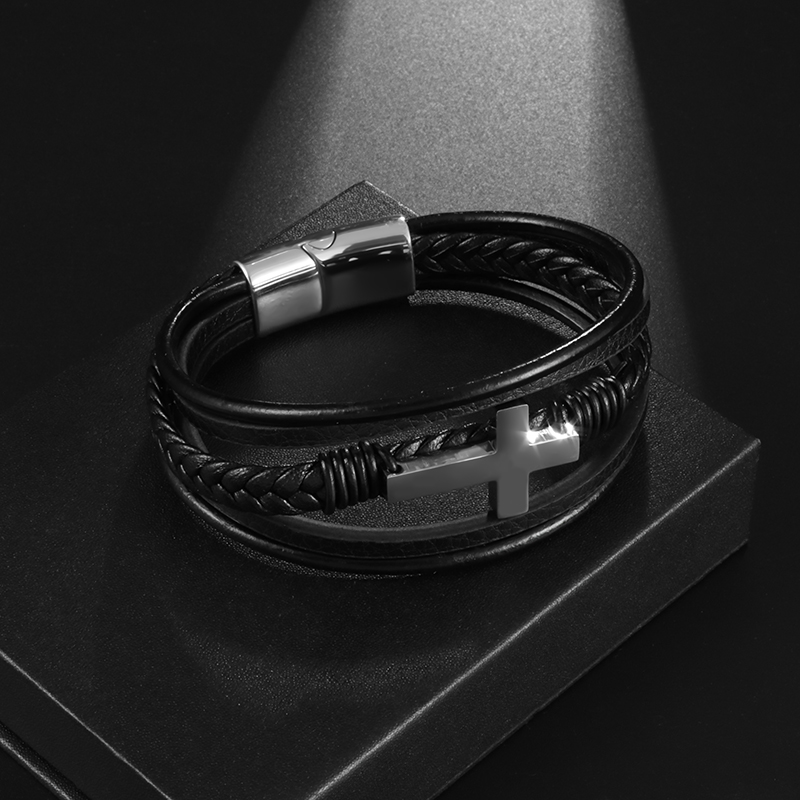 Pulseira clássica de couro preto para homens, joia de mão, presente, pulseira de