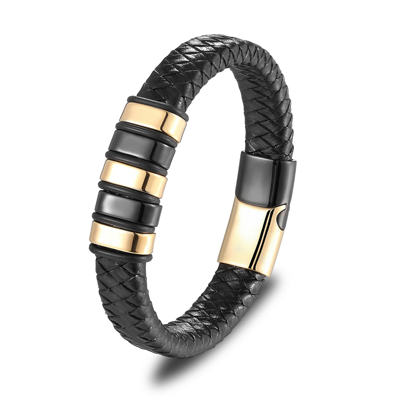 Pulseira clássica de couro preto para homens, joia de mão, presente, pulseira de