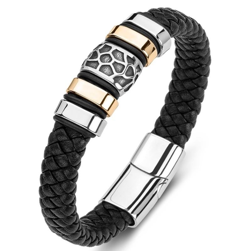 Pulseira clássica de couro preto para homens, joia de mão, presente, pulseira de