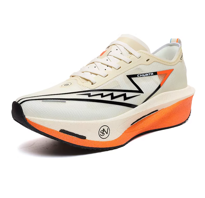 Tênis de Corrida com placa de Carbono Chunta responsivo Branco e Laranja