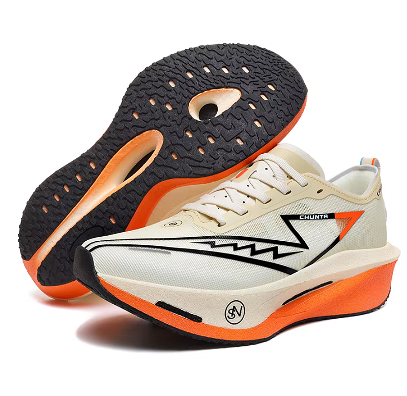 Tênis de Corrida com placa de Carbono Chunta responsivo Branco e Laranja