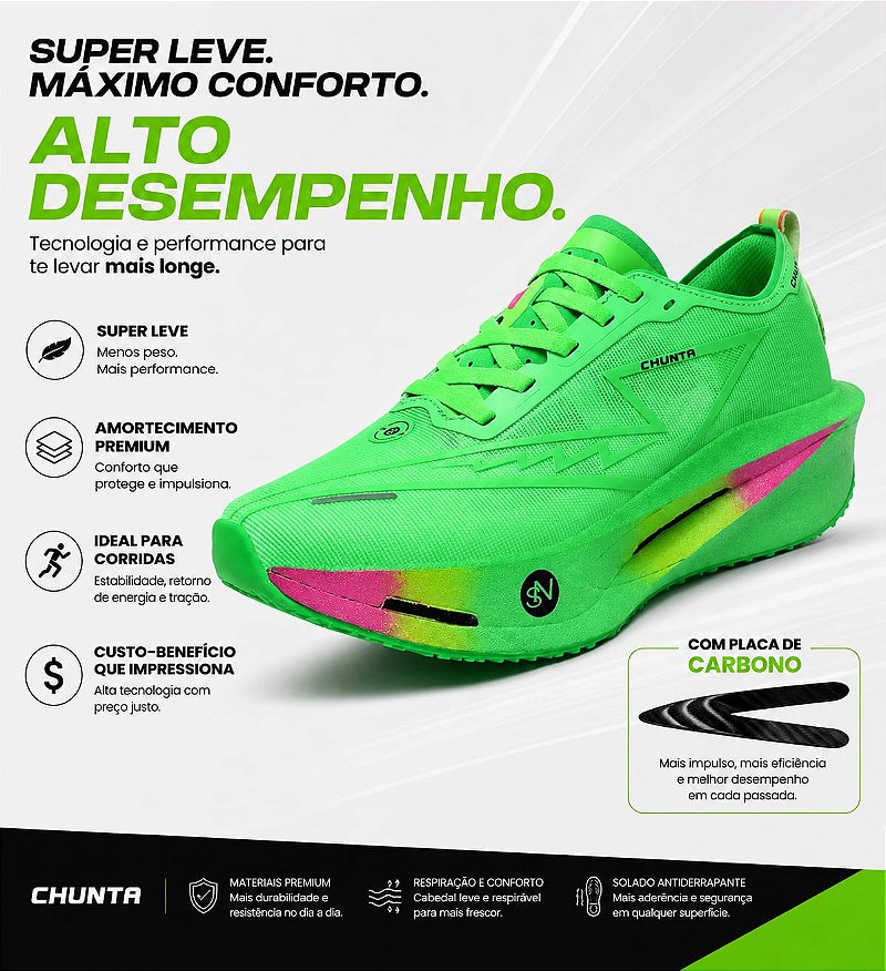 Tênis de Corrida com placa de Carbono Chunta responsivo Verde