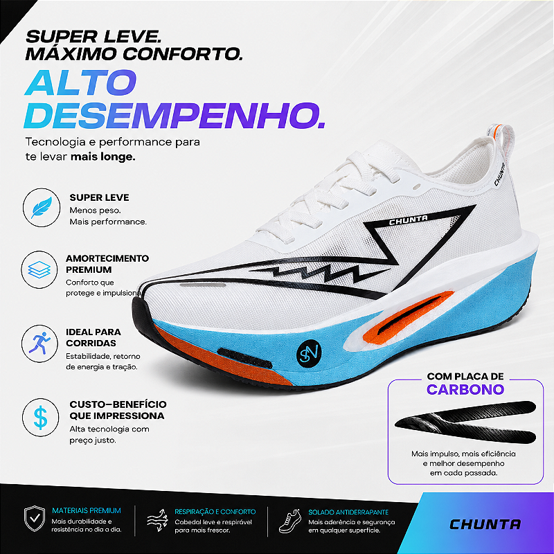 Tênis de Corrida com placa de Carbono Chunta responsivo Branco e Azul