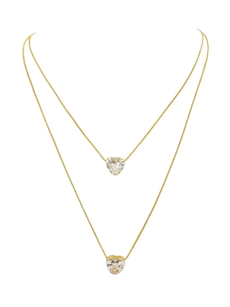 Colar Duplo Folheado a Ouro 18k Coração Cristal