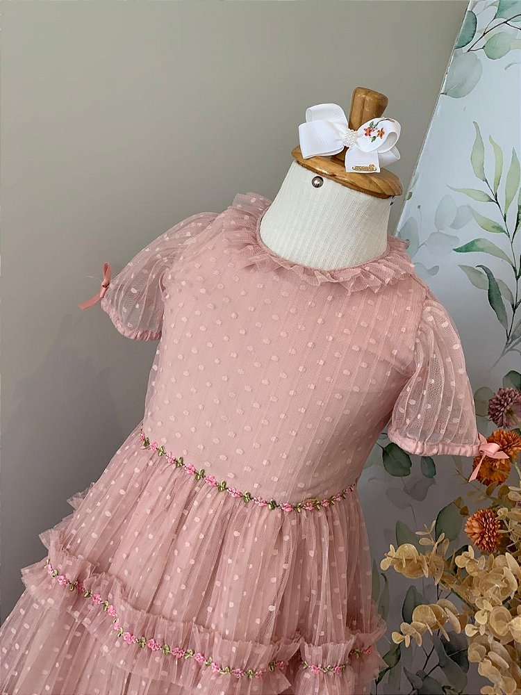 Vestido Rosa Seco Tule Poá Roana