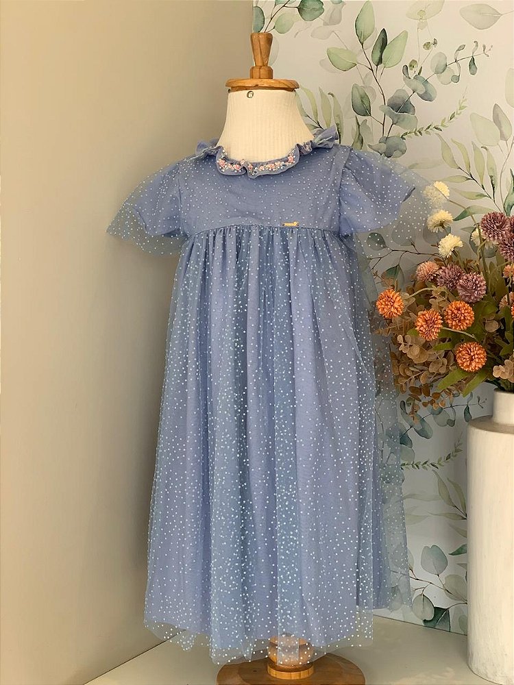 Vestido Azul Tule de Poá Roana