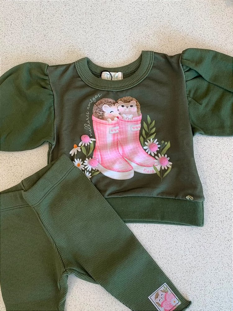 Moletom Mangas Bufantes e Legging Verde Infanti