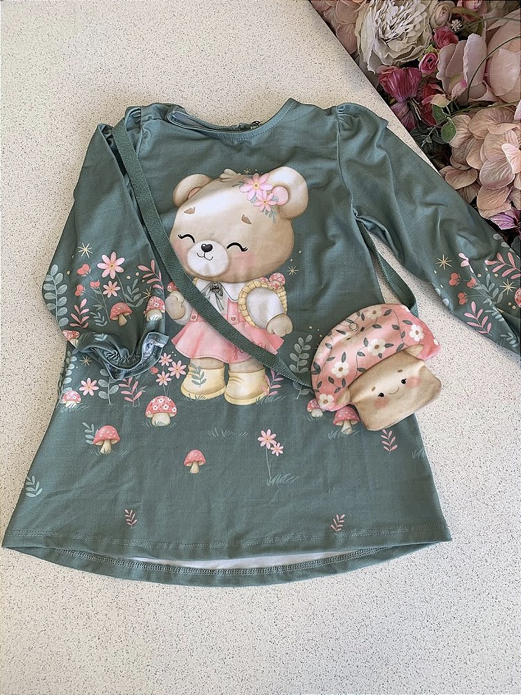 Vestido Malha Verde c/ Bolsa de Cogumelo Infanti