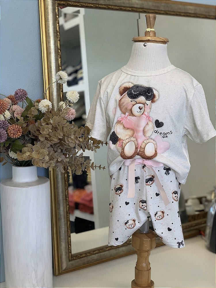 Conjunto Pijama Ursinho Preto e Rosa Malha Infanti