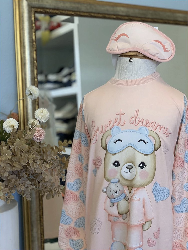 Camisola ML Urso Malha Rosa Pêssego c/ Máscara Infanti