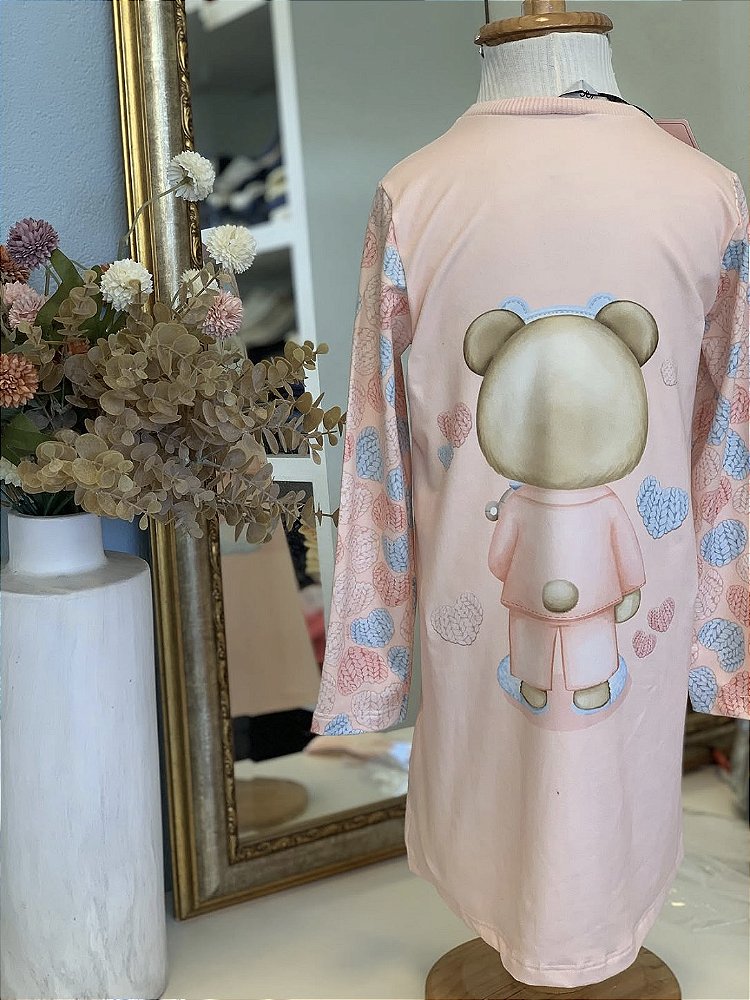Camisola ML Urso Malha Rosa Pêssego c/ Máscara Infanti