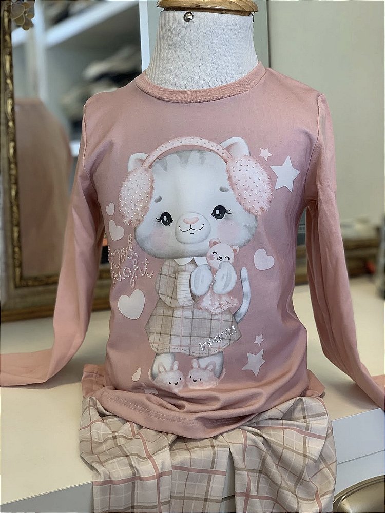 Conjunto Pijama ML Gatinho Malha Rosa Seco Infanti