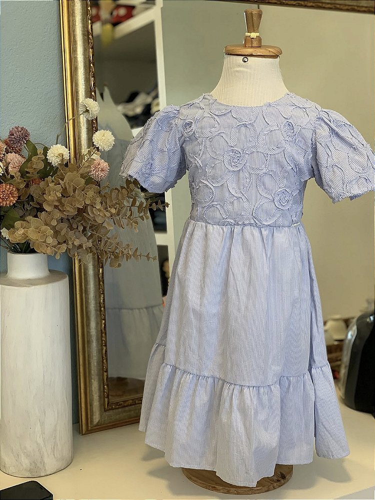 Vestido Tricoline Listrado Floral 3D Azul Angel Infanti