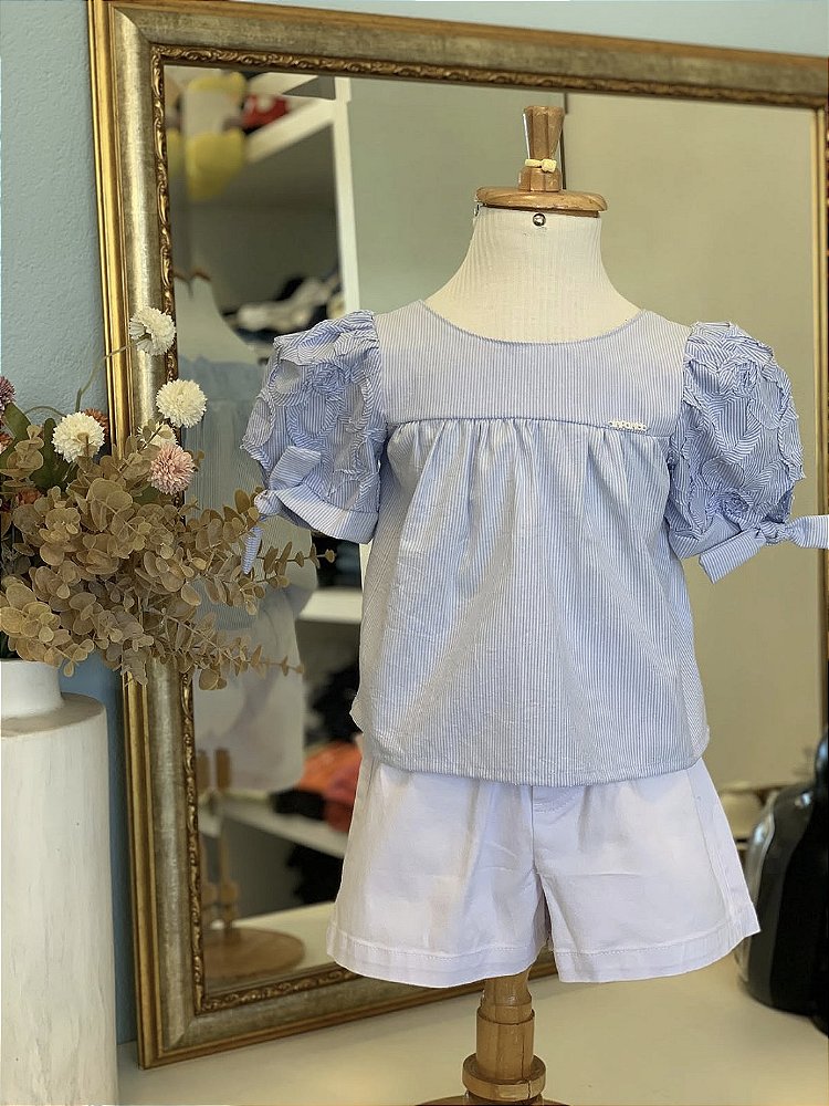 Bata MC e Short Azul Angel Floral 3D Infanti
