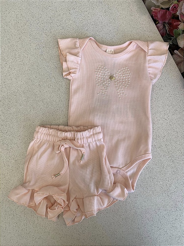 Conjunto Body e Shorts Canelado Rosa Claro Infanti