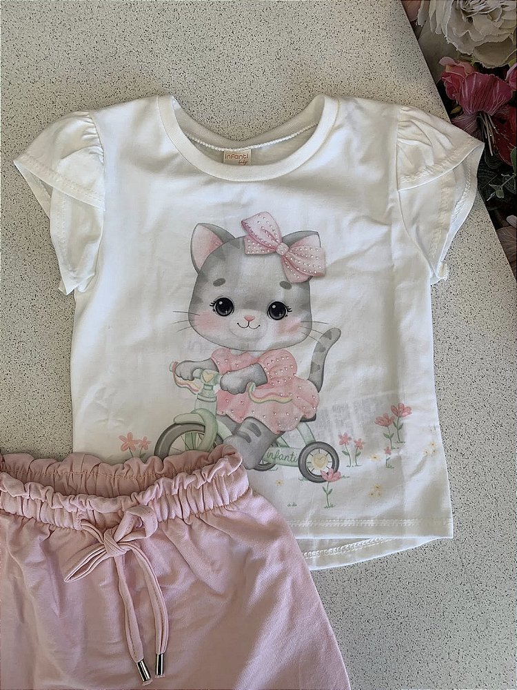 Conjunto Gatinha Malha Rosa Infanti