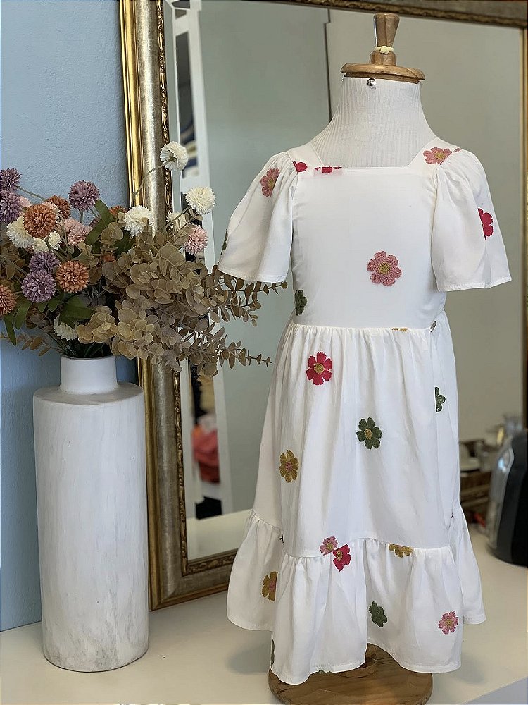 Vestido Viscose Bordado Flor Infanti