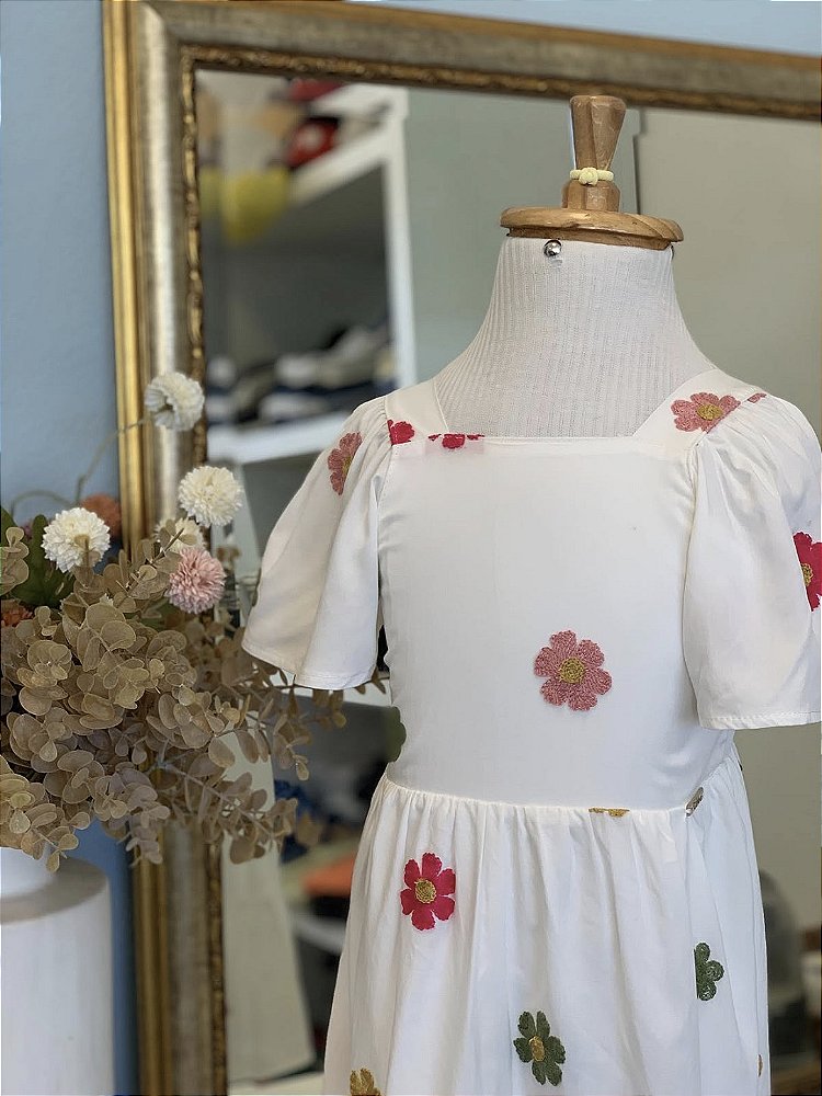 Vestido Viscose Bordado Flor Infanti
