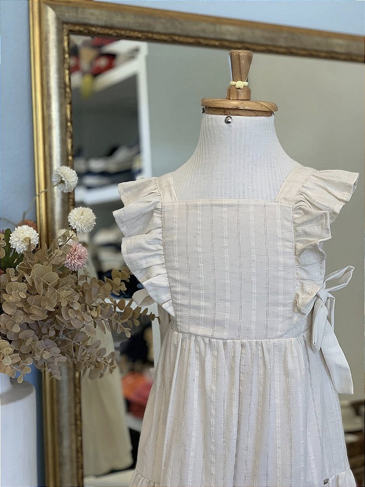 Vestido Blend de Linho Bordado Bege Claro Infanti