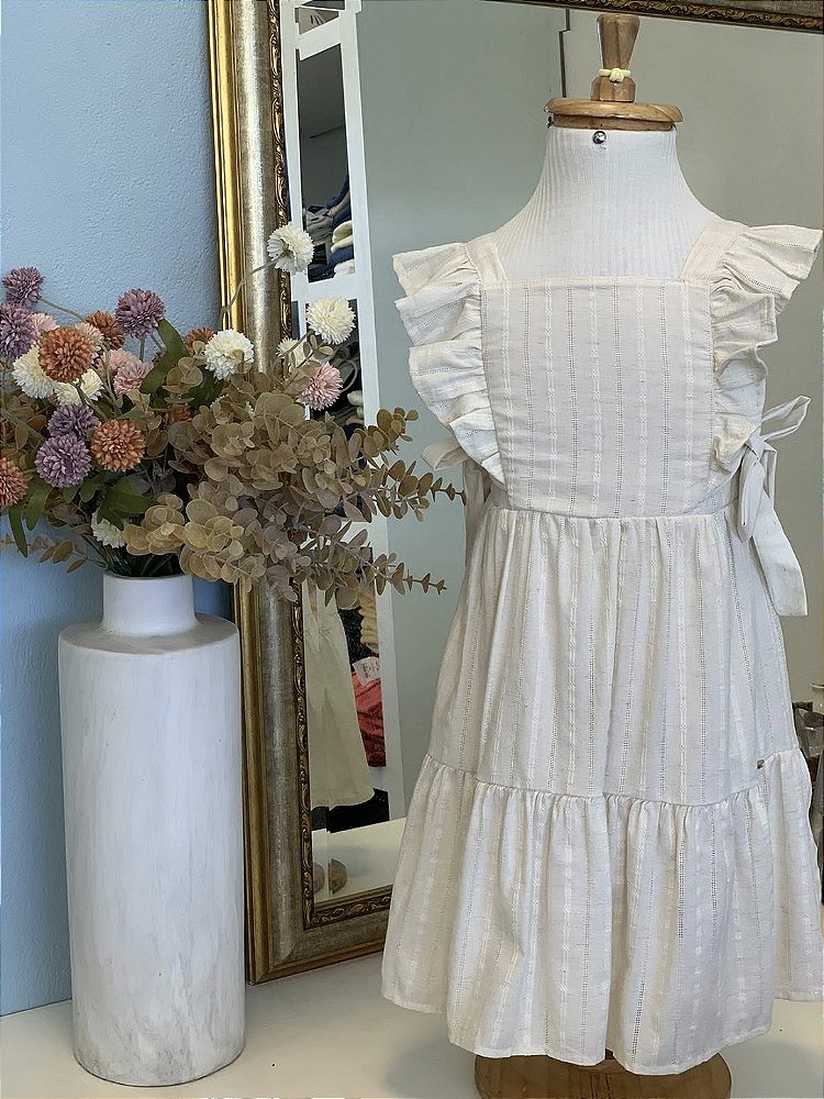 Vestido Blend de Linho Bordado Bege Claro Infanti