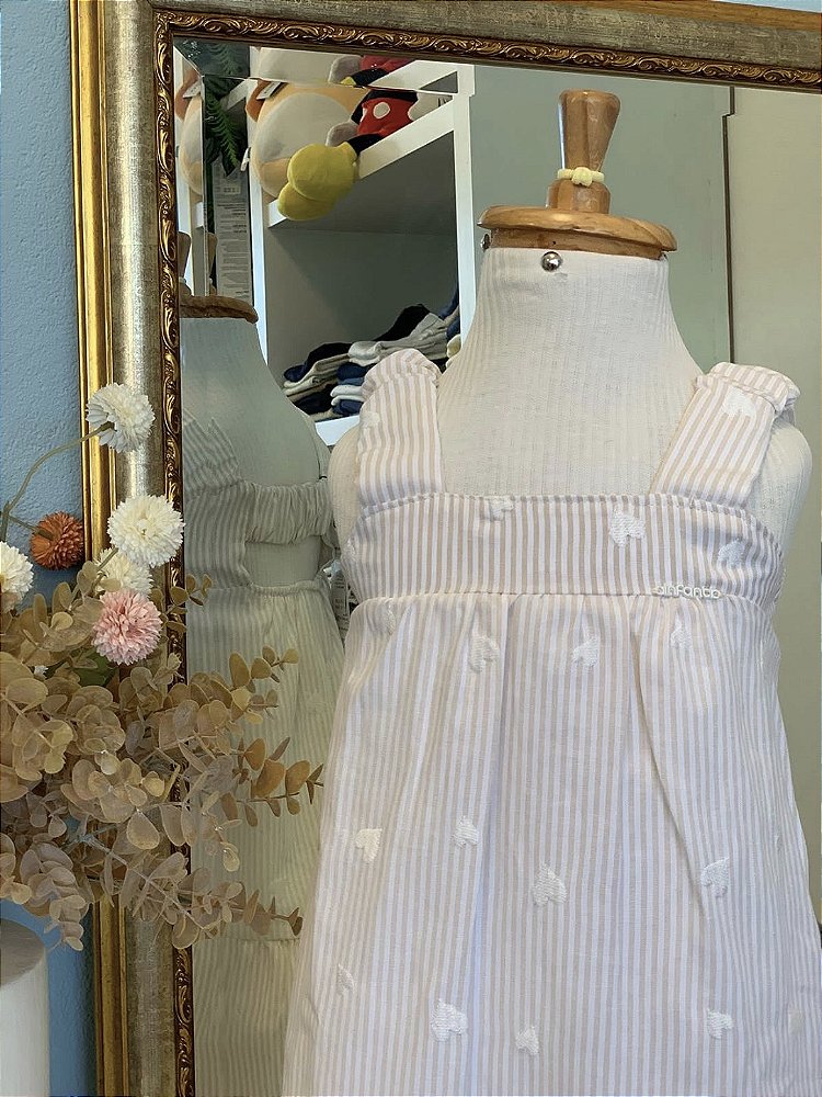 Vestido Listrado Bordado Bege Infanti