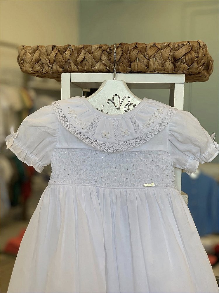 Vestido Batizado Casinha de Abelha Branco Roana