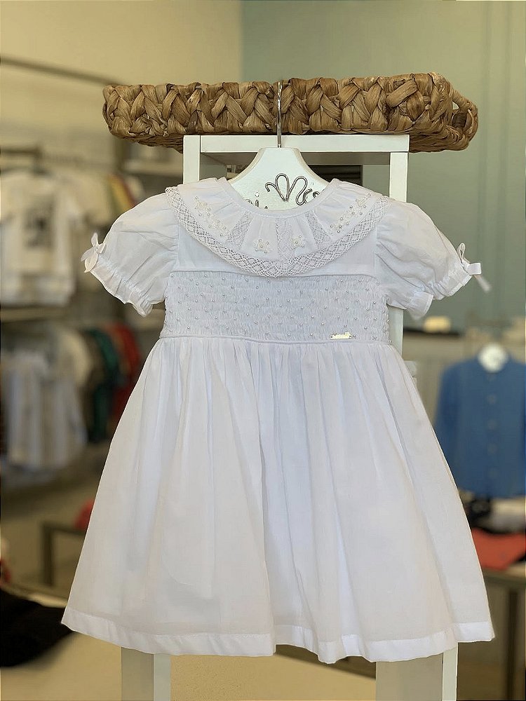 Vestido Batizado Casinha de Abelha Branco Roana