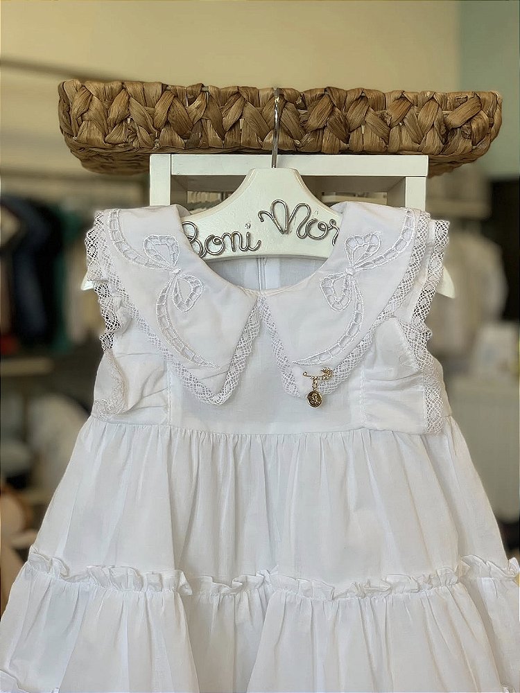 Vestido Batizado Gola Laço Branco Roana