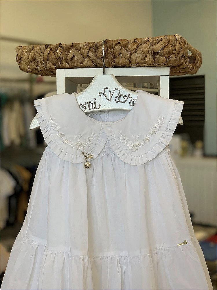 Vestido Batizado Gola Peter Pan Bordado Branco Roana