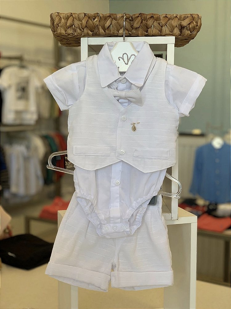 Conjunto Batizado Short c/ Colete e Gravata Branco Roana