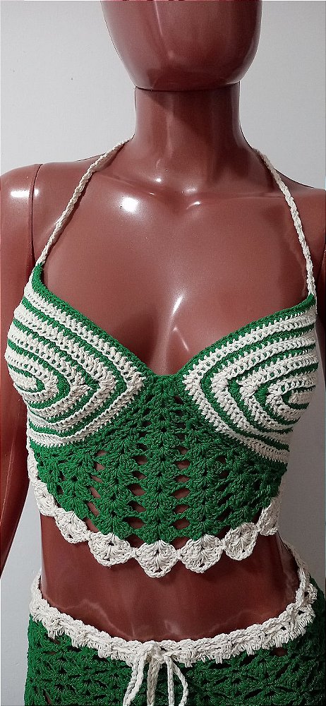 Top/croped de crochê, verde com cru, M