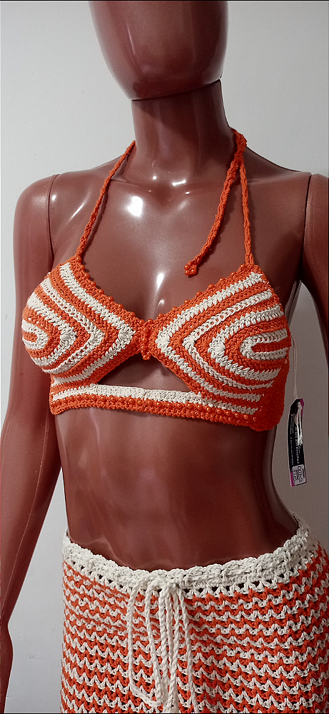 Top Cropped de Crochê com Pérolas Laranja P/M