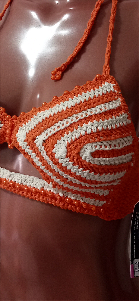 Top Cropped de Crochê com Pérolas Laranja P/M