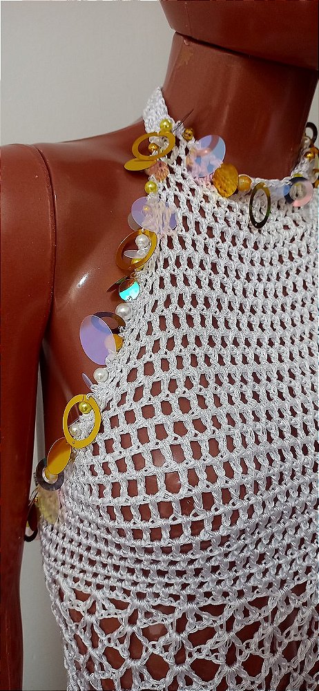 Vestido de Crochê Branco Com Pedrarias Frente Única M