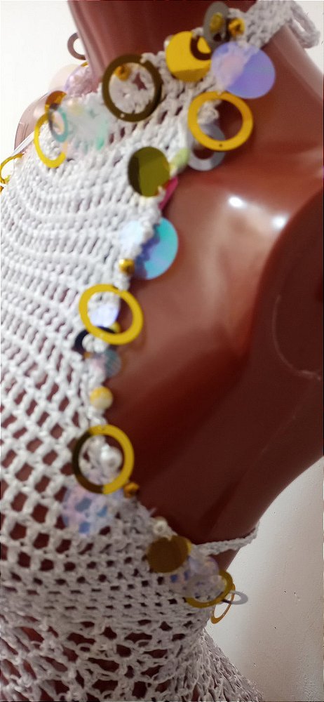 Vestido de Crochê Branco Com Pedrarias Frente Única M