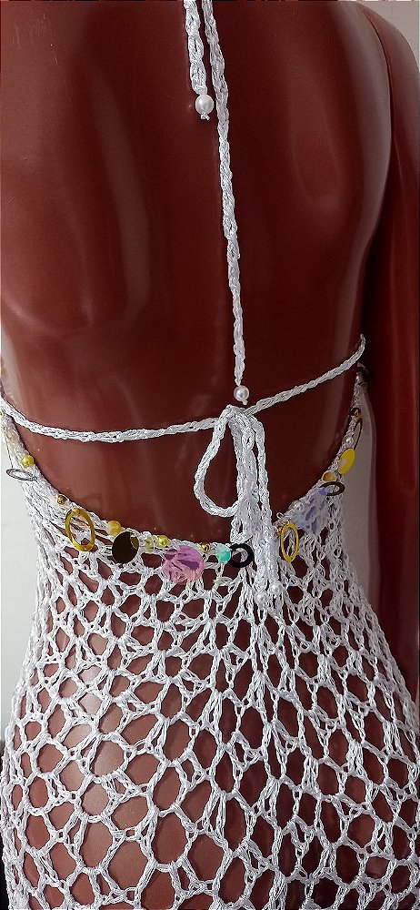 Vestido de Crochê Branco Com Pedrarias Frente Única M
