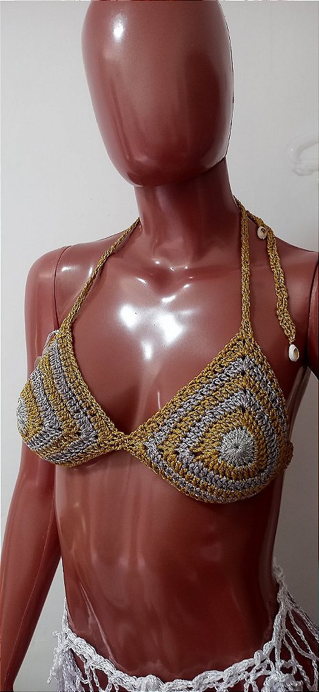 Top Crochê Dourado com Prata em Viscose