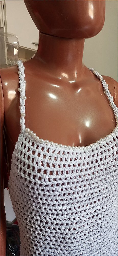 Vestido de Crochê Branco Com Perola e franjas Frente Única M