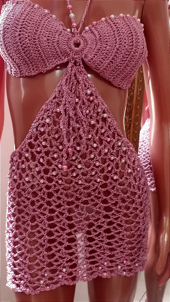 Vestido de Crochê Rosê com Pérolas – Tamanho M