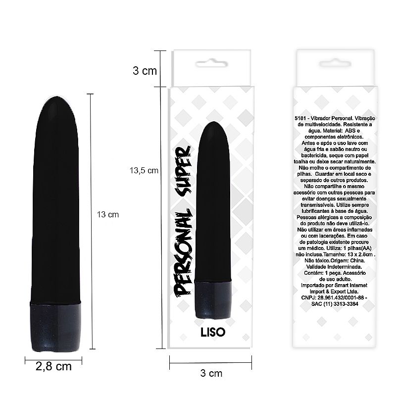 Vibrador Clássico Personal Liso 13cm Multivelocidade Preto