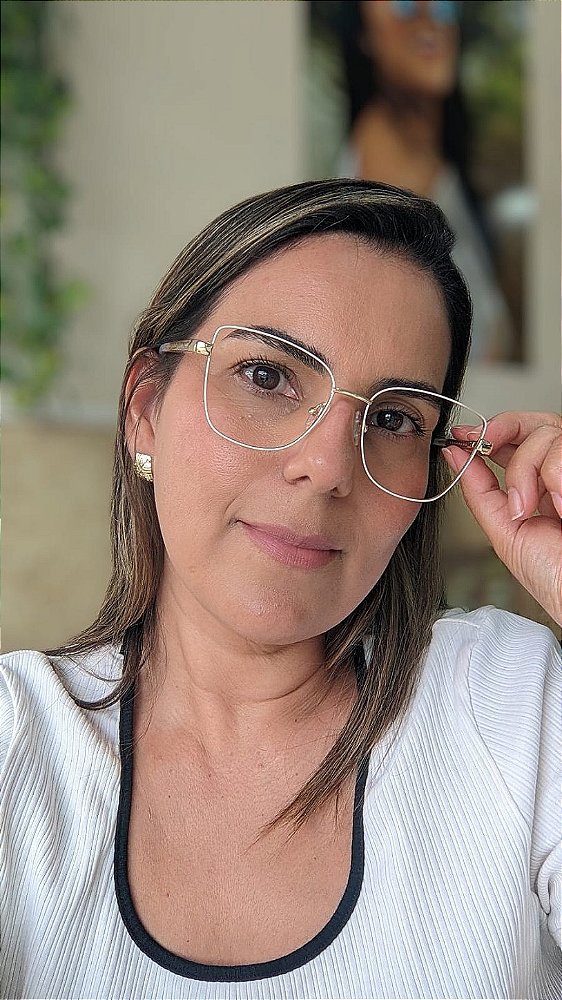 Armação Feminina Metal Quadrada Dourada com Friso Branco - Tamanho 55