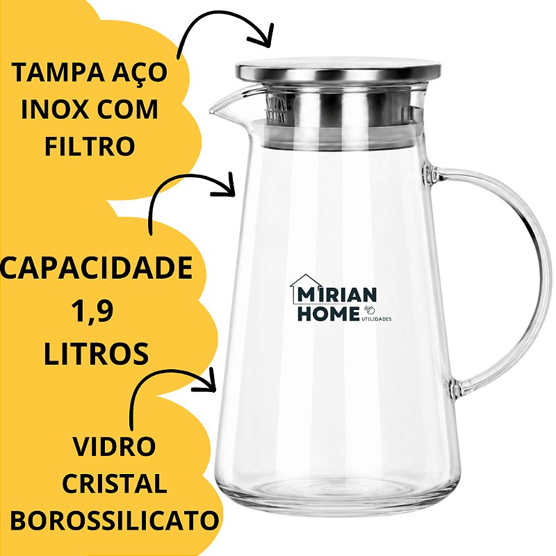 Kit Jarra Borossilicato Tampa Inox 1,9L + 6 Copos