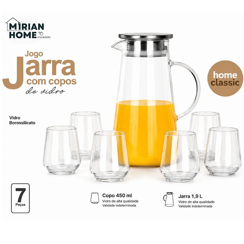 Kit Jarra Borossilicato Tampa Inox 1,9L + 6 Copos
