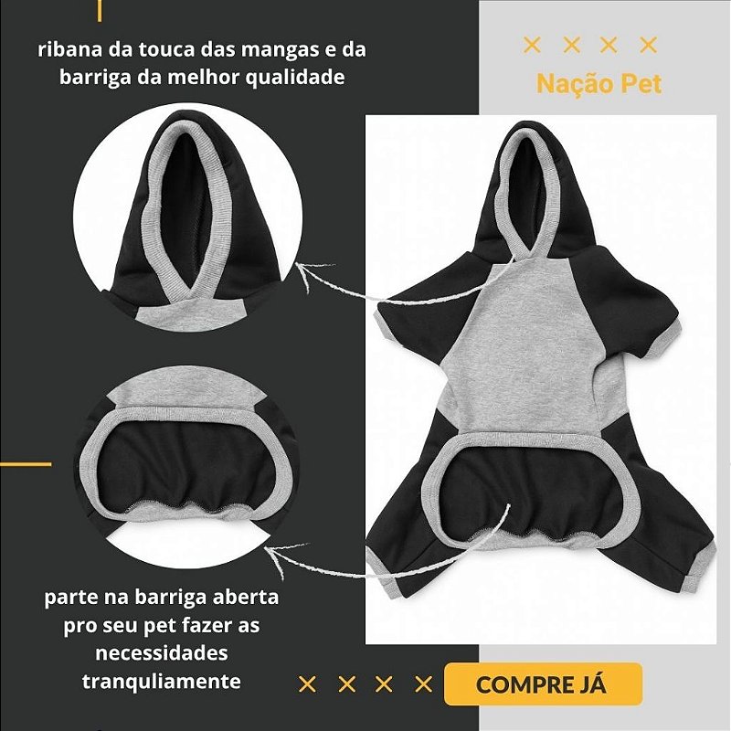 Macacão moletom Nação Pet Inverno com Capuz Cães e Gatos