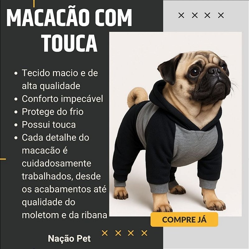 Macacão moletom Nação Pet Inverno com Capuz Cães e Gatos