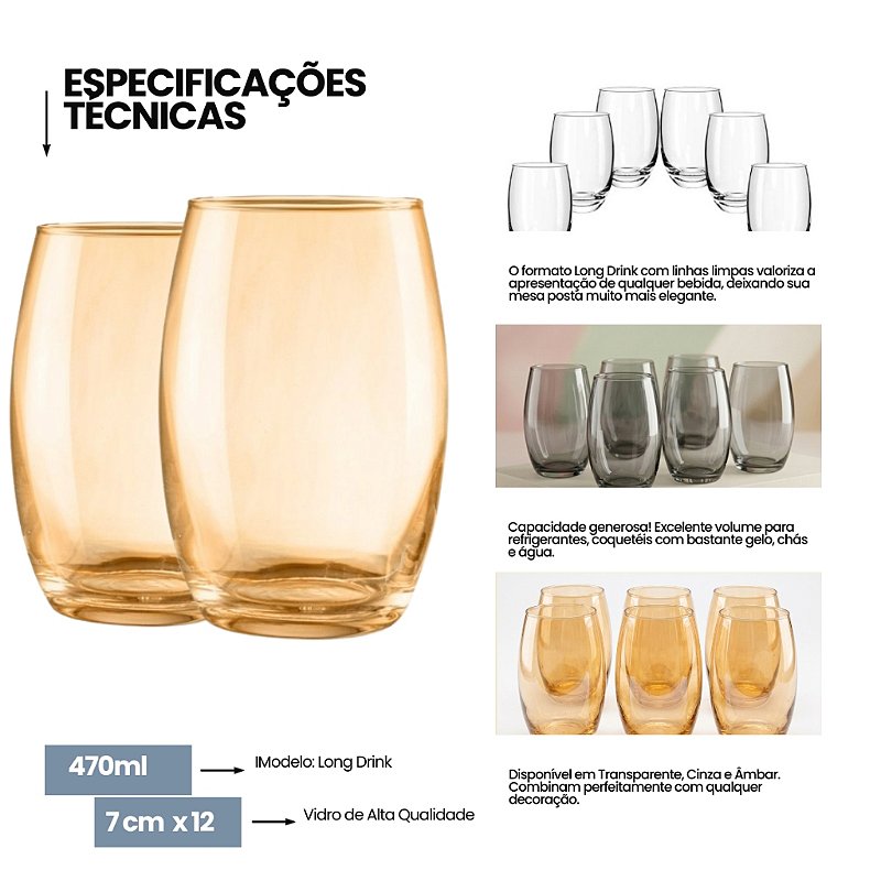 Jogo com 6 copos de vidro Long Drinks 470ml