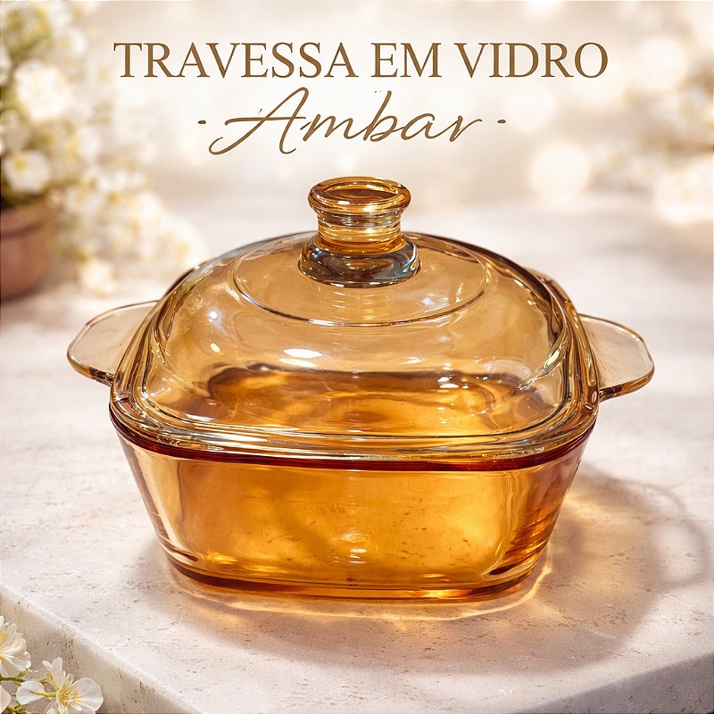 Travessa com Tampa Âmbar Elegante em Vidro