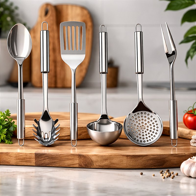 Kit com 6 Utensílios de Cozinha em Aço Inox