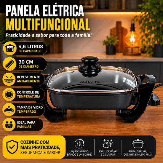 Panela Frigideira Elétrica Antiaderente 4,6 Litros /30cm Com Tampa de Vidro
