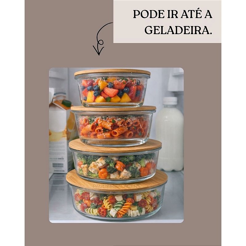Kits Com 4 Potes de Vidros Redondos Com Tampas de Bambú